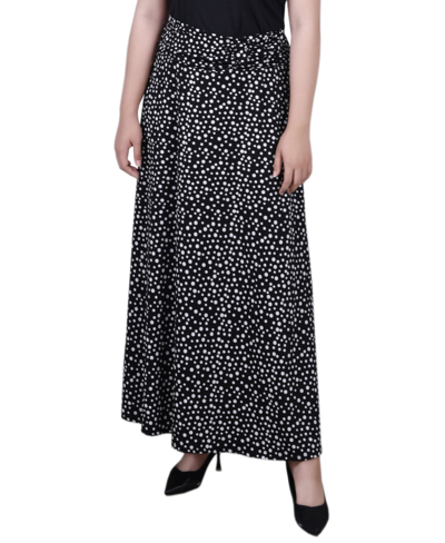 Ny Collection Petite Maxi A-line Skirt With Front Faux Belt With Ring Detail In Black Ivory Dot