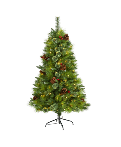 Shop Nearly Natural Montana Mixed Pine Artificial Christmas Tree With Pine Cones, Berries And Lights, 60" In Green