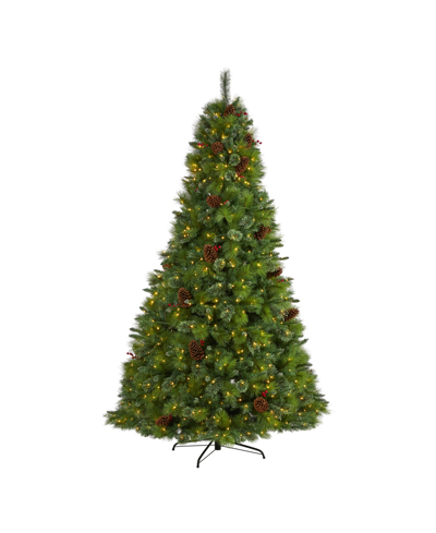 Shop Nearly Natural Montana Mixed Pine Artificial Christmas Tree With Pine Cones, Berries And Lights, 96" In Green
