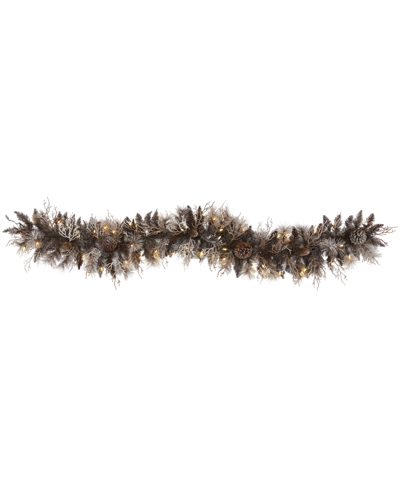 Shop Nearly Natural Flocked Artificial Christmas Garland With Lights And Pinecones, 72" In Green