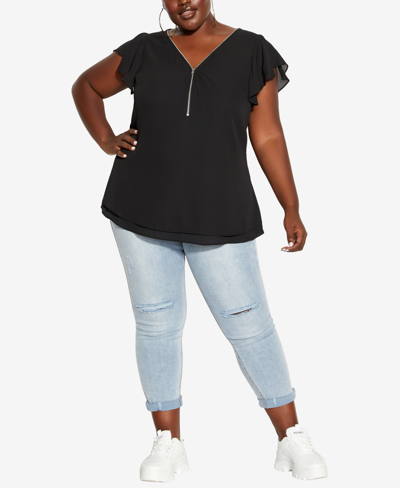 Shop City Chic Trendy Plus Size Zip Fling V-neck Top In Black