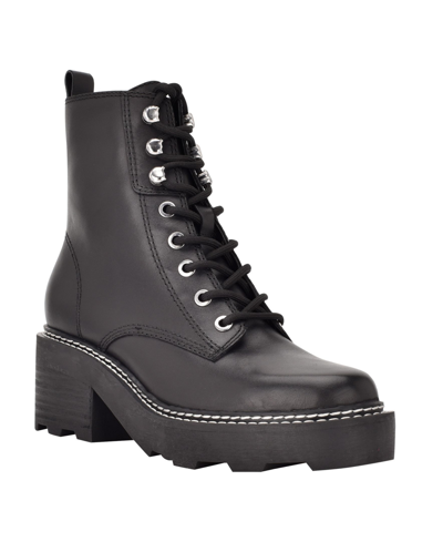 Shop Calvin Klein Women's Abeni Heeled Lace Up Lug Sole Combat Boots Women's Shoes In Black