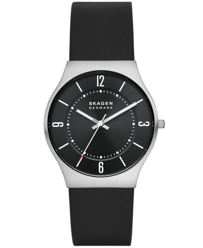Shop Skagen Men's Grenen In Black Leather Strap Watch, 37mm In Silver-tone/black