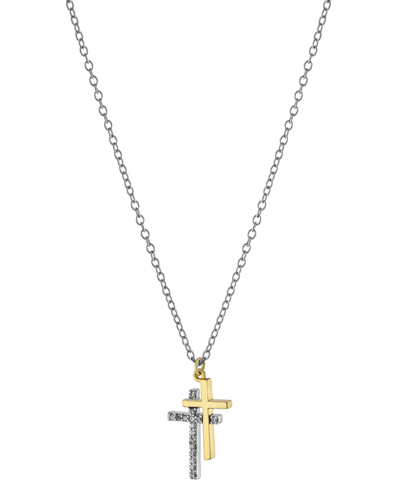 Giani Bernini Cubic Zirconia Double Cross Pendant Necklace In Sterling Silver & Gold-plate, 16" + 2" Extender, Cre In Sterling Silver
