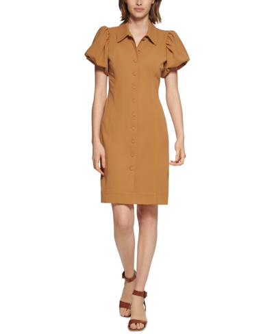 Calvin Klein Puff-sleeve Button-front Dress In Luggage | ModeSens
