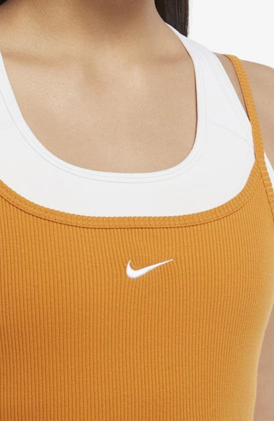 Shop Nike Ribbed Stretch Cotton Minidress In Light Curry/ White