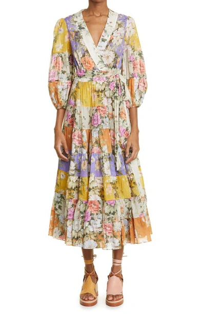 Shop Zimmermann Colorblock Floral Wrap Midi Dress In Spliced