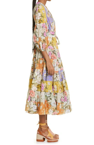 Shop Zimmermann Colorblock Floral Wrap Midi Dress In Spliced