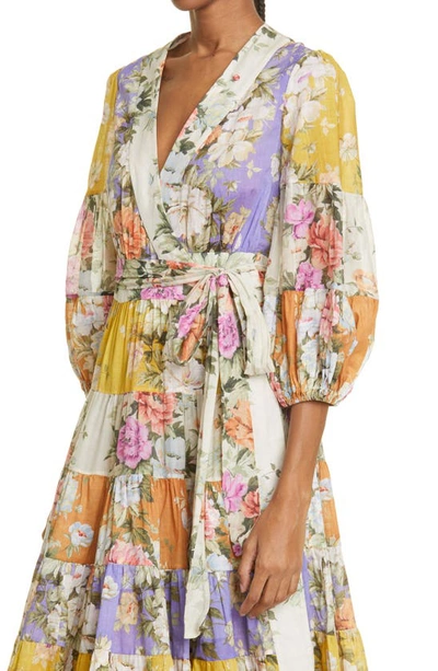 Shop Zimmermann Colorblock Floral Wrap Midi Dress In Spliced