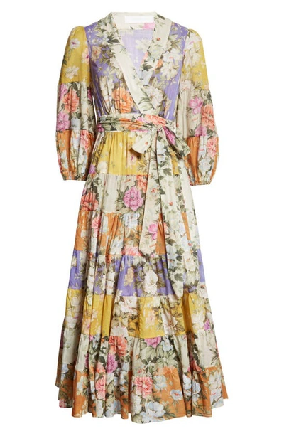 Shop Zimmermann Colorblock Floral Wrap Midi Dress In Spliced