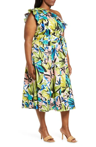 Shop Donna Morgan For Maggy Floral Print Ruffle One-shoulder Midi Dress In Soft White/ Olive Green
