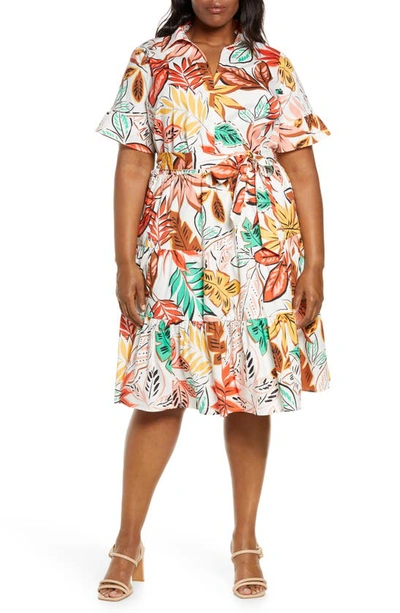 Shop Donna Morgan For Maggy Ruffle Cotton Blend Belted Shirtdress In Soft White/ Coral