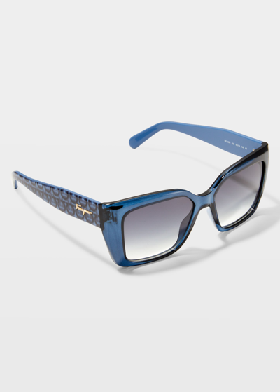 Shop Ferragamo Rectangle Gancio Injection Plastic Sunglasses In Transparent Blue