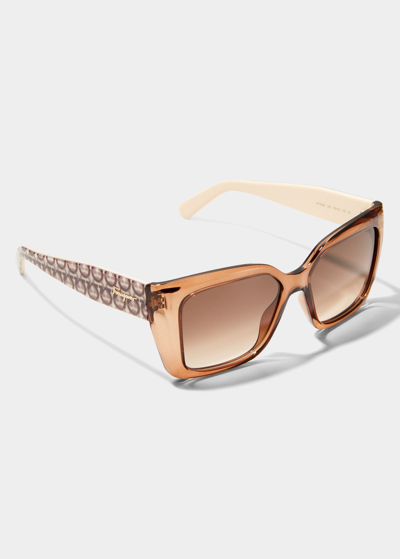 Shop Ferragamo Rectangle Gancio Injection Plastic Sunglasses In Transparent Brown