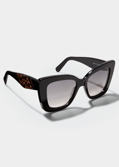 Shop Ferragamo Gancio Acetate Butterfly Sunglasses In Black