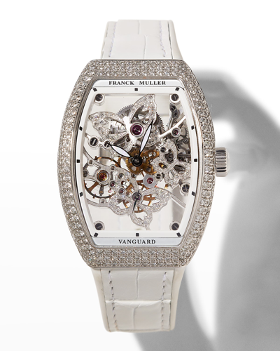 Shop Franck Muller Butterfly Diamond Skeleton 18k White Gold Watch White Strap