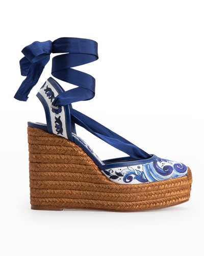 Shop Dolce & Gabbana Lola Brocade Ankle-wrap Wedge Espadrilles In Azulejos