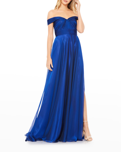 Shop Mac Duggal Off-the-shoulder A-line Chiffon Gown With Thigh Slit In Sapphire