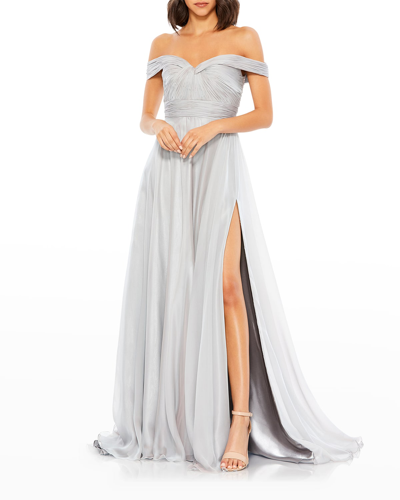 Shop Mac Duggal Off-the-shoulder A-line Chiffon Gown With Thigh Slit In Pearl Grey