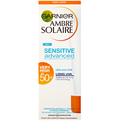 Shop Garnier Ambre Solaire Sensitive Face And Neck Sun Cream Spf 50+ 50ml