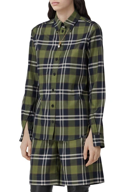 Shop Burberry Anette Check Cotton Button-down Shirt In Dark Olive Green Chk