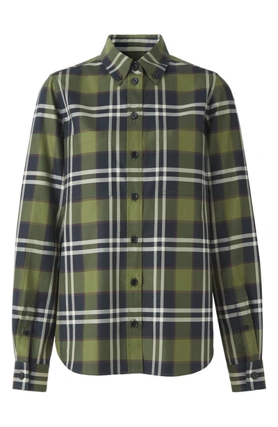 Shop Burberry Anette Check Cotton Button-down Shirt In Dark Olive Green Chk