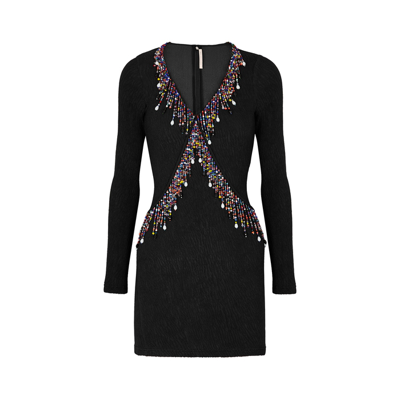 Shop Christopher Kane Black Bead-embellished Seersucker Mini Dress
