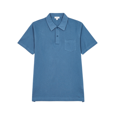 Shop Sunspel Riviera Blue Cotton-mesh Polo Shirt