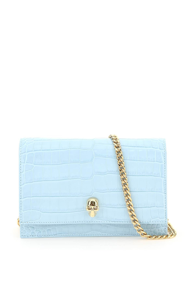 Shop Alexander Mcqueen Croco-embossed Leather Skull Mini Bag In Light Blue