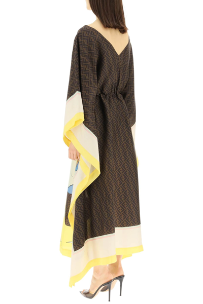 Shop Fendi Long Silk Kaftan Dress In Brown,yellow