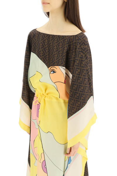 Shop Fendi Long Silk Kaftan Dress In Brown,yellow