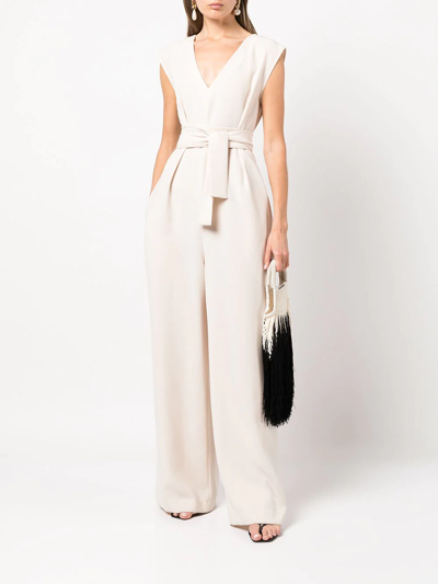 Shop Voz Belted V-neck Jumpsuit In Neutrals