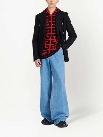 Balmain Men's Maxi Monogram Wool-linen Hoodie In Blue