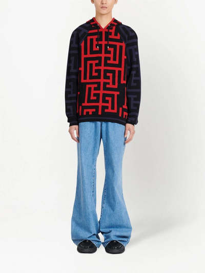 Shop Balmain Monogram-print Drawstring Hoodie In Blue