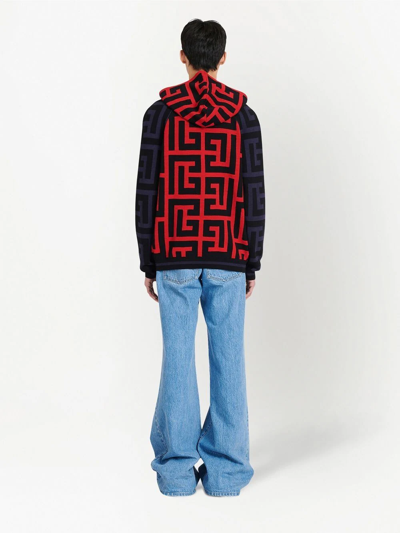 Balmain Men's Maxi Monogram Wool-linen Hoodie In Blue