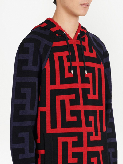 Balmain Men's Maxi Monogram Wool-linen Hoodie In Blue