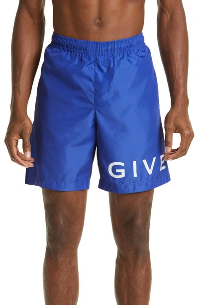 Shop Givenchy Logo Swim Trunks In Ocean Blue