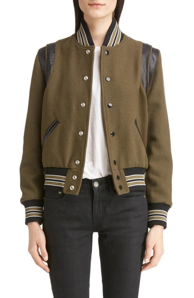 Shop Saint Laurent Leather Trim Classic Teddy Jacket In Khaki/ Black