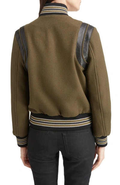 Shop Saint Laurent Leather Trim Classic Teddy Jacket In Khaki/ Black