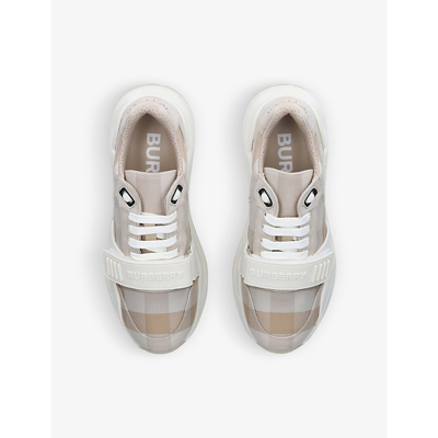 Shop Burberry Ramsey Check-print Cotton And Leather Low-top Trainers In Beige Comb