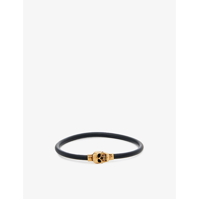 Shop Alexander Mcqueen Skull Brass And Rubber Cord Bracelet In Natural/gold
