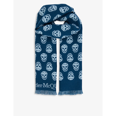 Shop Alexander Mcqueen Skull-print Wool Scarf In Petrol Blue  Sky Blue