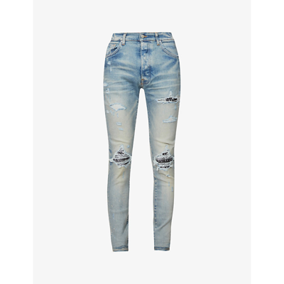 Shop Amiri Bandana Brand-patch Slim-fit Stretch-denim Jeans In Clay Indigo
