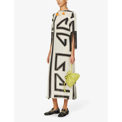 Shop Louisa Parris The Fringe Geometric-print Silk Maxi Dress In Renzo