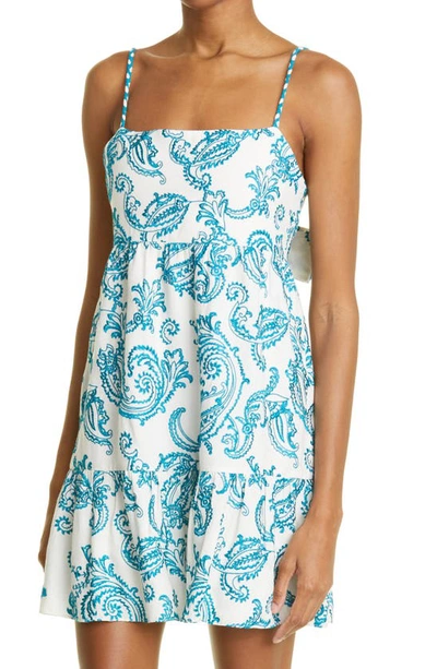 Shop Alice And Olivia Khira Embroidered Cotton Minidress In Off White/ Ocean Blue