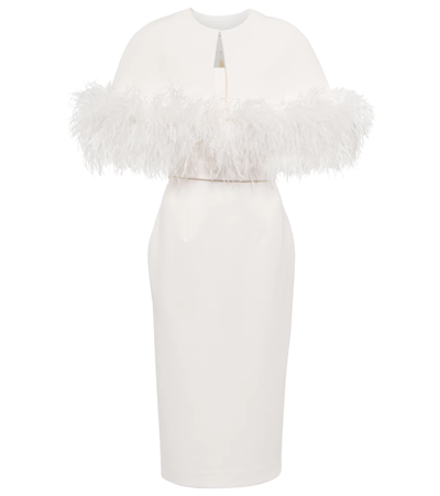 Shop Safiyaa Bridal Feather-trimmed Crêpe Midi Dress In Ivory On Ivory