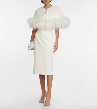 Shop Safiyaa Bridal Feather-trimmed Crêpe Midi Dress In Ivory On Ivory