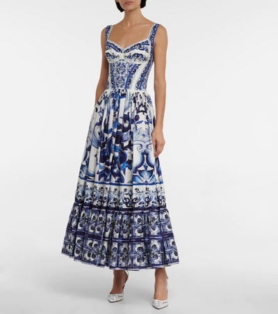 Shop Dolce & Gabbana Printed Cotton Midi Dress In Tris Maioliche F.bco