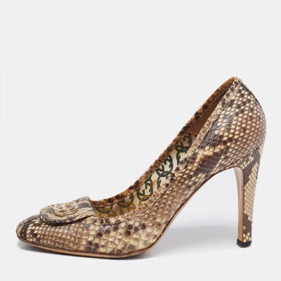 Pre-owned Gucci Brown/beige Python Gg Square Toe Pumps Size 39