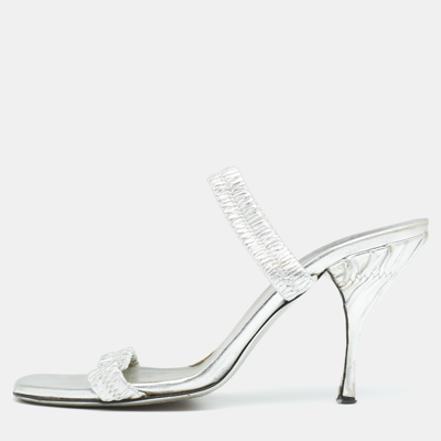 Pre-owned Prada Silver Leather Slide Sandals Size 37.5